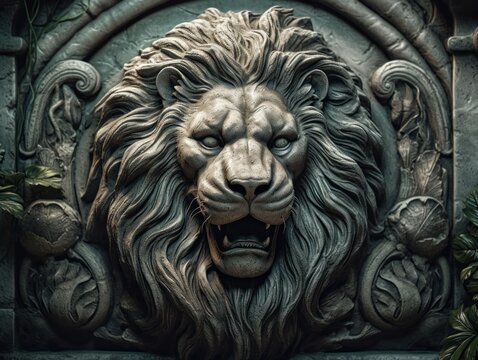 Bas-relief of a Lion head fountain on the wall