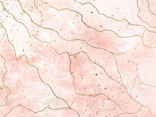 Pink liquid marble canvas painting background with gold glitter splatter. Modern