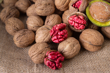 Red walnut harvest. Stil life and isolated images