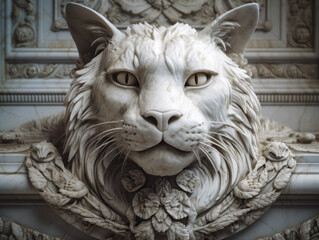 Portrait of a white Marble cat statue