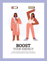 Poster or vertical banner about people energy drink flat style