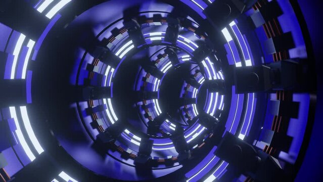 3d illustration of running in round tube shape tunnel with glowing white and blue neon lights