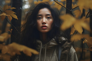 Asian woman lost in forest at autumn day. Neural network generated image. Not based on any actual person or scene.