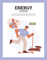 Poster or vertical banner about happy young man rides scooter with dog flat style