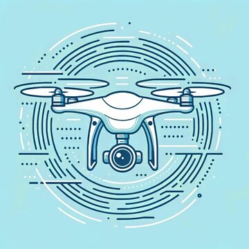 vector design of a drone in flight, capturing footage with its camera, surrounded by motion lines, set on a simplistic pale blue background.