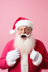 Portrait of happy santa in glasses and santa hat on christmas pink