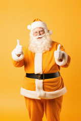 Fototapeta na wymiar Santa claus with thumbs up on color background. celebration celebration