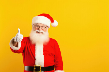 Fototapeta na wymiar Middle age man with santa claus costume and beard over red isolated background with finger up, showing thumbs up and happy .