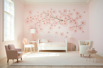 A fairytale and magical bedroom inspired by flower petals. Soft pink walls, pink flowers on the wall