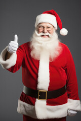 Fototapeta na wymiar Santa claus with thumb up on grey background