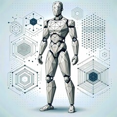 vector design of a humanoid robot standing in a pose, built with geometric shapes, showcasing modern technology and AI.
