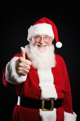 Happy santa claus showing thumbs up sign on black background