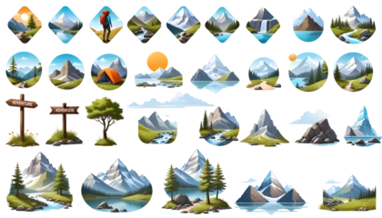  Set of illustrations of mountains. Set of camping icons © Saly