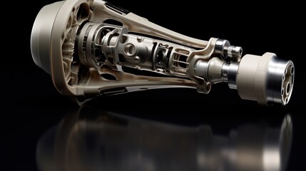 Prosthetics and Implants: An image of an artificial hip joint implant with technical specifications.