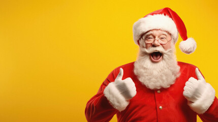 Fototapeta na wymiar Portrait of excited santa claus in glasses and red christmas costume, showing thumbs up gesture, celebrating christmas, standing over yellow background .