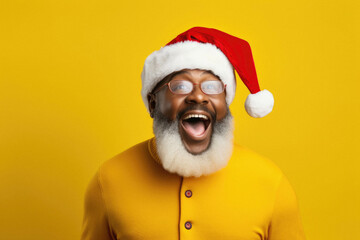 Fototapeta na wymiar African american man wearing santa claus hat celebrating christmas over yellow background very happy and excited screaming with smile