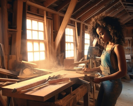 Beautiful afro american girl carpenter works on the machine with the wooden product manufacturing. The young woman cuts the wood of various configurations on the circular saw machine.