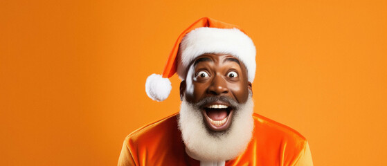Excited african american man in christmas hat on orange background - obrazy, fototapety, plakaty