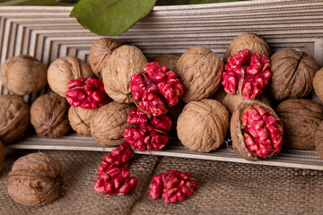Red walnut harvest. Stil life and isolated images