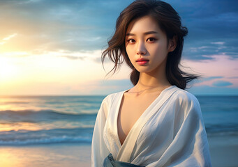 Fototapeta na wymiar young asian woman standing on sunny beach at sunrise
