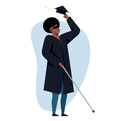 A vector image of a black graduate with disability. Unseeing student graduating