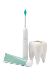 Electronic ultrasonic toothbrush, mouthwash, floss, tongue cleaner and toothpaste isolated on white...