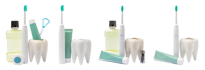 Electronic ultrasonic toothbrush, mouthwash, floss, tongue cleaner and toothpaste isolated on white...