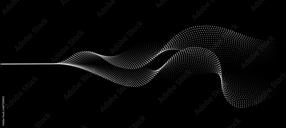 Wall mural flowing dots particles wave pattern 3d curve halftone white curve shape isolated on black background