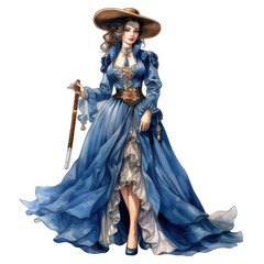 Fototapeta premium Wild west woman madame, wearing traditional madame style fashion from the 1800s. Isolated on white transparent background. Watercolor illustration