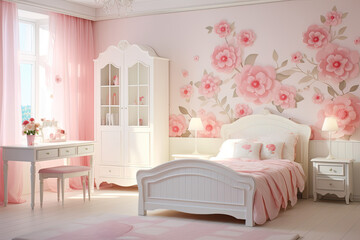 A fairytale and magical bedroom inspired by flower petals. Soft pink walls, white petal-patterned rugs and pink flower
