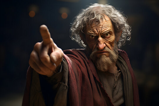 Medieval man points finger at you on dark background . Neural network generated image. Not based on any actual person or scene.