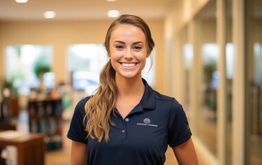 A professionally dressed physical therapist woman standing confidently and looking straight into the camera