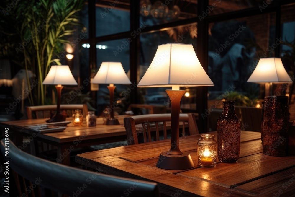 Poster A wooden table with a lamp and a candle. This image can be used to create a cozy and warm atmosphere in various settings.