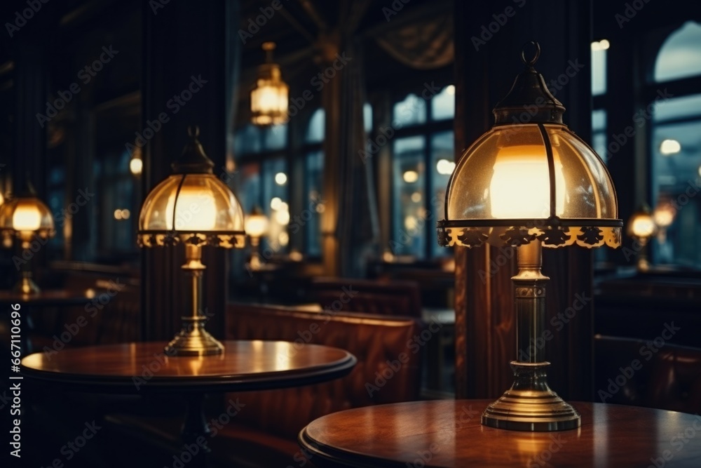 Poster A row of tables with lamps on top of them. Perfect for adding a warm and cozy atmosphere to any space.