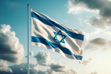Flag of Israel on cloudy sky background waving on a pole. AI Generative