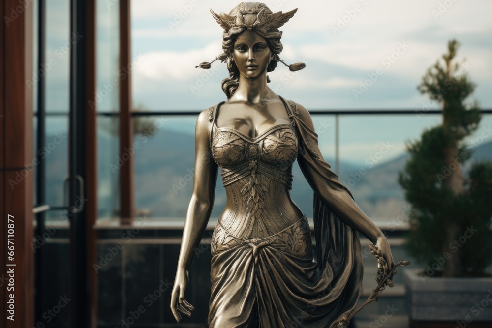 Poster a picture of a statue depicting a woman wearing a beautiful dress. this image can be used to add a t