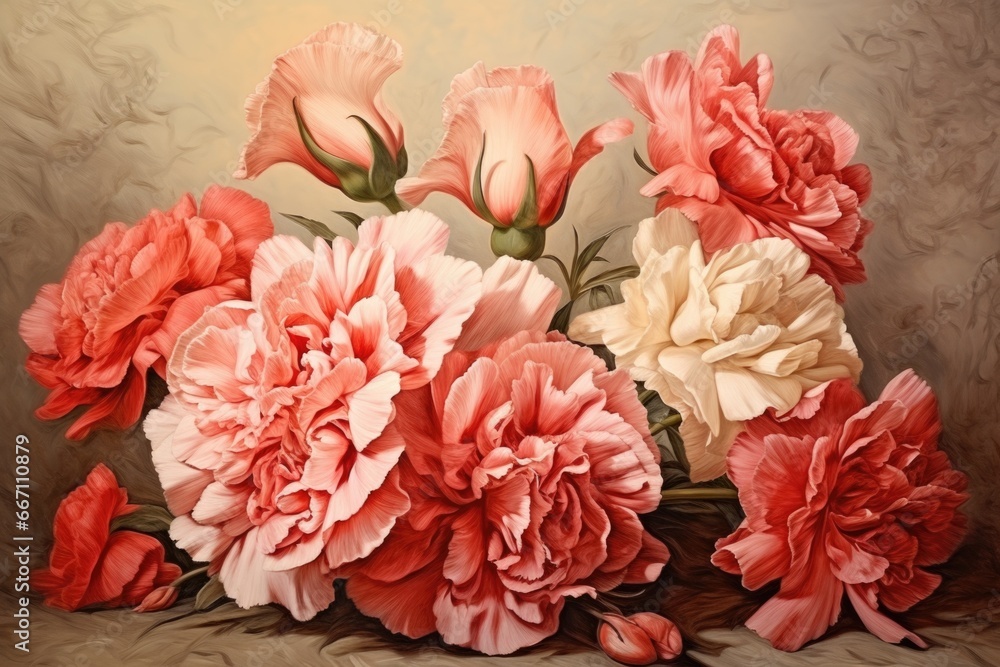 Poster a beautiful painting featuring a bunch of pink and white flowers. perfect for adding a touch of eleg