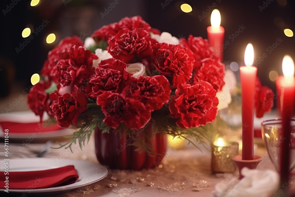 Poster a table set with red and white flowers and candles. perfect for elegant events and romantic occasion