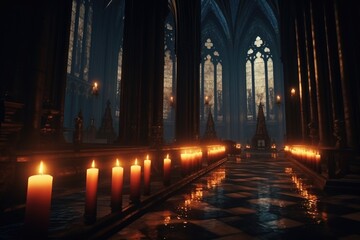 A row of lit candles in a church. This image can be used to represent religious ceremonies or moments of reflection and prayer.