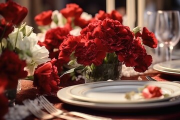 A beautiful arrangement of red carnations in a vase on a table. Perfect for adding a touch of elegance to any space.