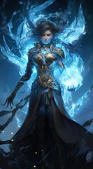 Fototapeta premium A Blonde Goddes Wizard With Immense Power. Blue Wings Floating in a Black Room While Glowing in Blue Particles.