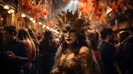 New Year's carnival. Holiday, luxury. People in golden masks. A girl in a romantic image.