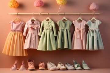 A row of dresses and shoes hanging on a wall. This picture can be used for fashion-related articles or advertisements.