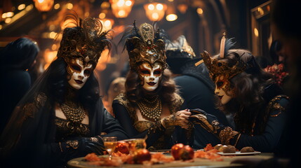 Carnival. A group of girls in carnival masks. Black color. Mysterious atmosphere. 