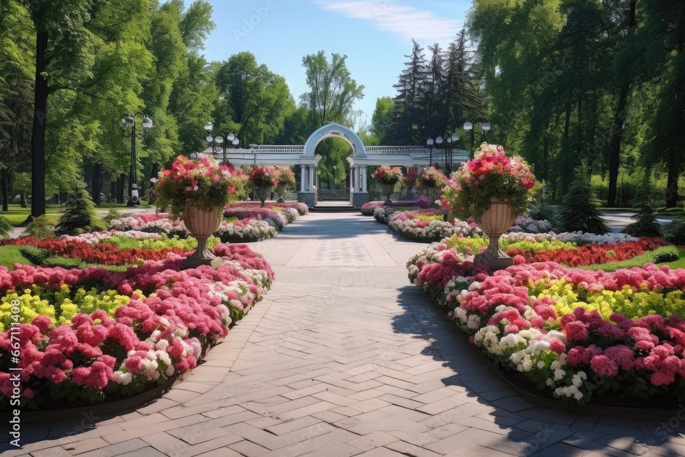Poster a beautiful garden filled with vibrant flowers and tall trees. perfect for adding a touch of nature 