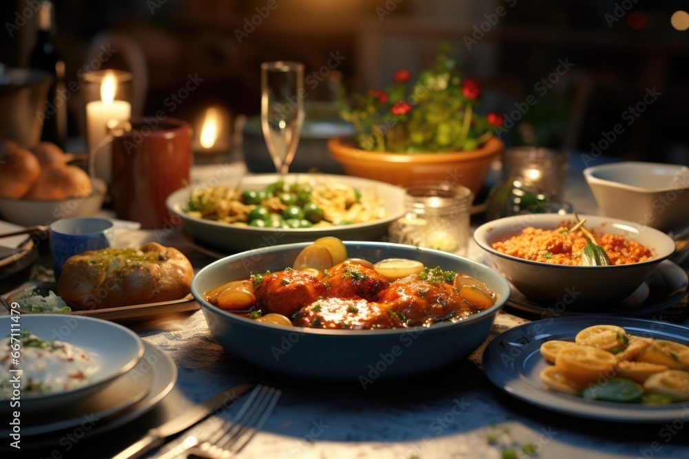 Poster a table filled with a diverse assortment of plates and bowls of delicious food. perfect for showcasi