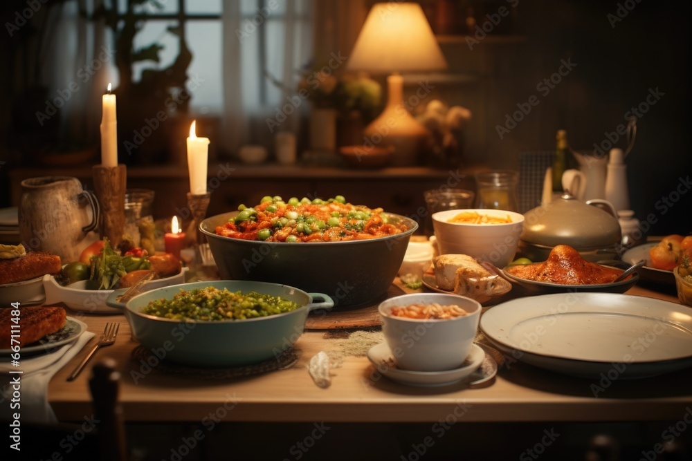 Poster A table displaying a variety of delicious food. Perfect for showcasing different culinary options or creating a food-themed atmosphere.