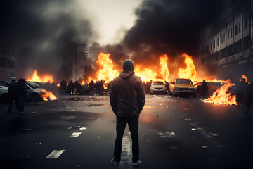 street riot in city with protestors and burning cars. Neural network generated image. Not based on any actual person or scene.