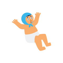 Little baby boy in diaper with blue cap, cartoon active infant first year of child vector illustration isolated