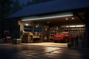A red car is parked in a garage. This image can be used to depict parking, car maintenance, or storage.